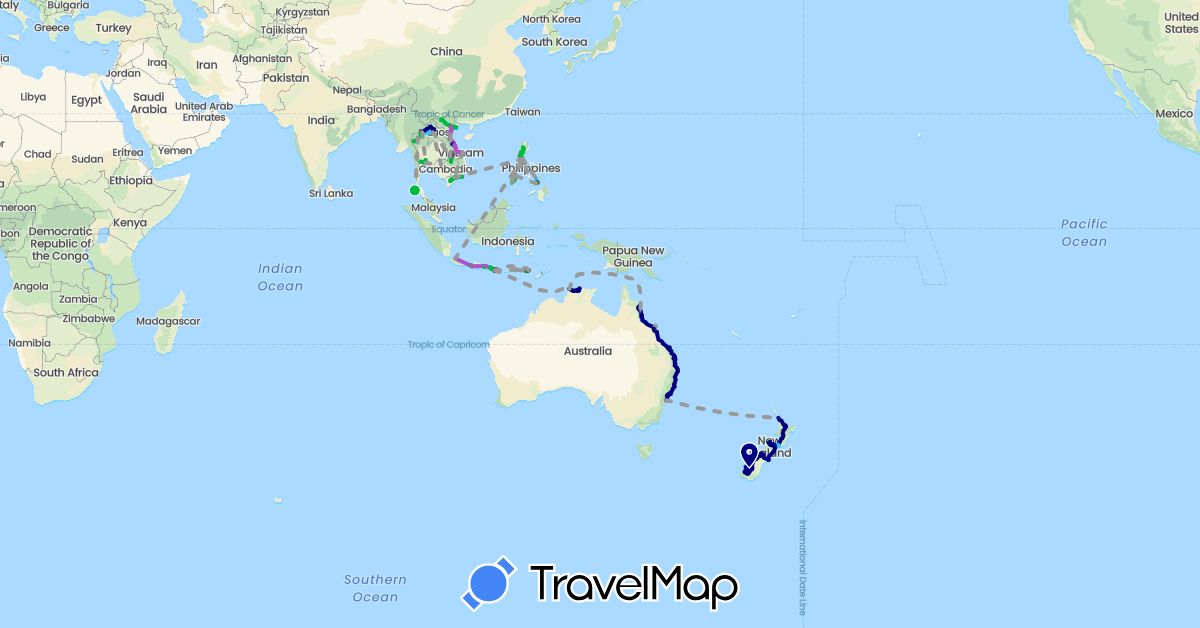 TravelMap itinerary: driving, bus, plane, train, hiking, boat, motorbike in Australia, Indonesia, Cambodia, Laos, New Zealand, Philippines, Thailand, Vietnam (Asia, Oceania)