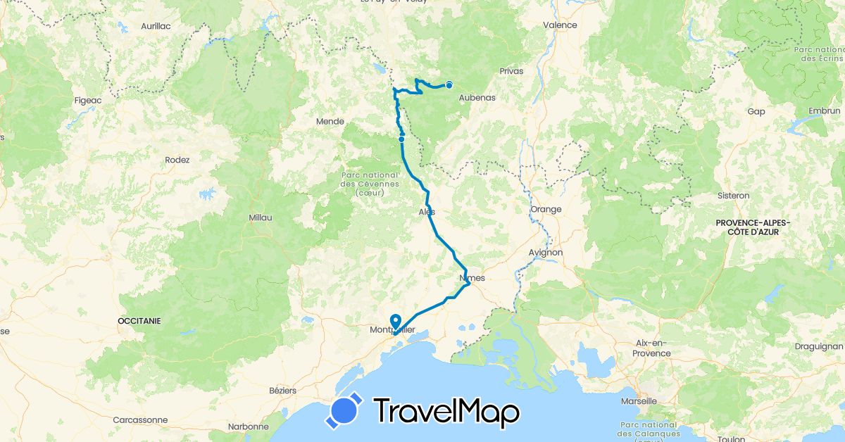 TravelMap itinerary: driving, voiture - ardèche 2017 in France (Europe)